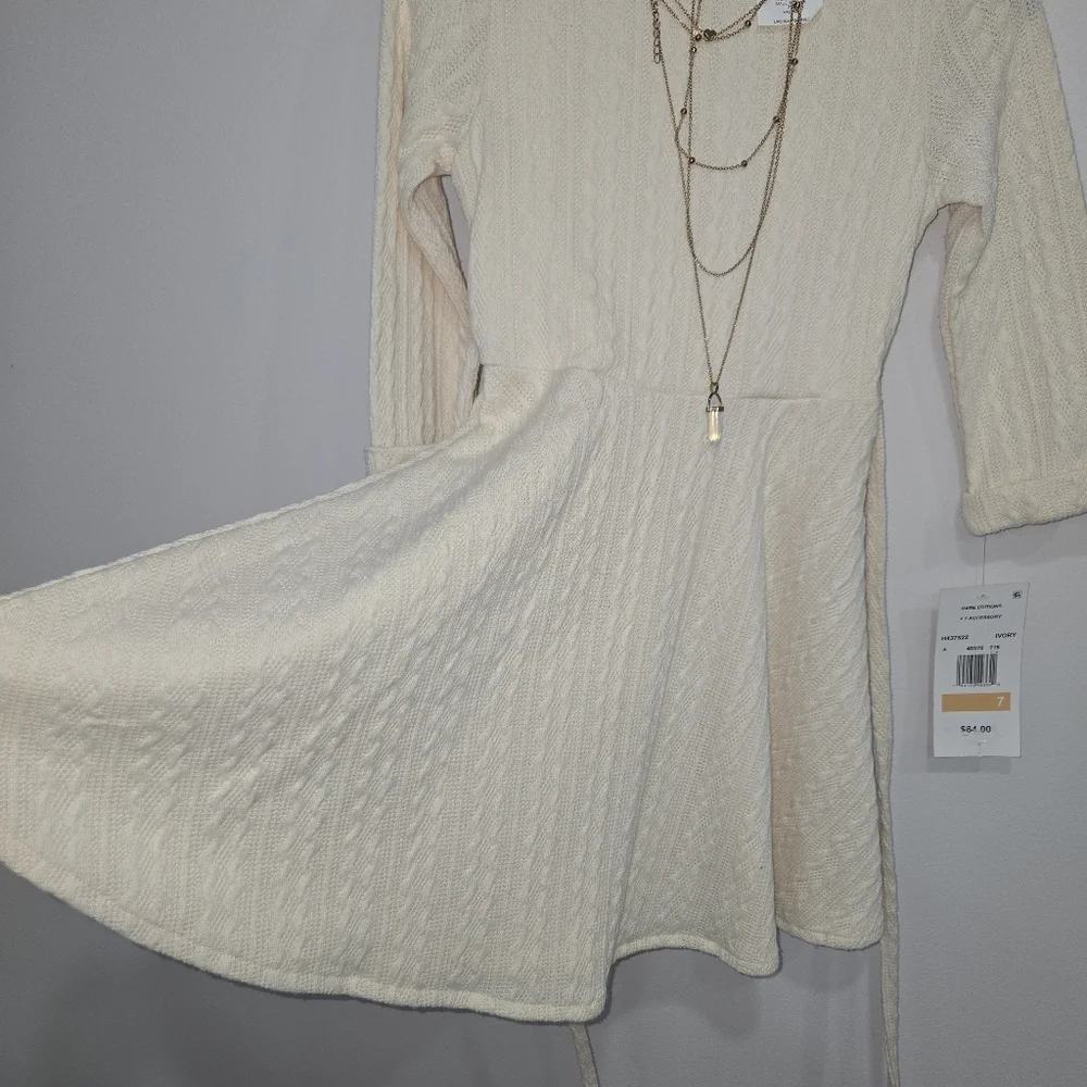 Rare Eitions Girls Knit Fit and Flare Dress with Necklace Size 7 Ivory NWT